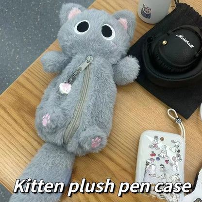 Kawaii Gray Plush Kitten Pencil Case 🐾✨ - Adorable Large-Capacity Stationery Organizer for Students! 🎀✏️