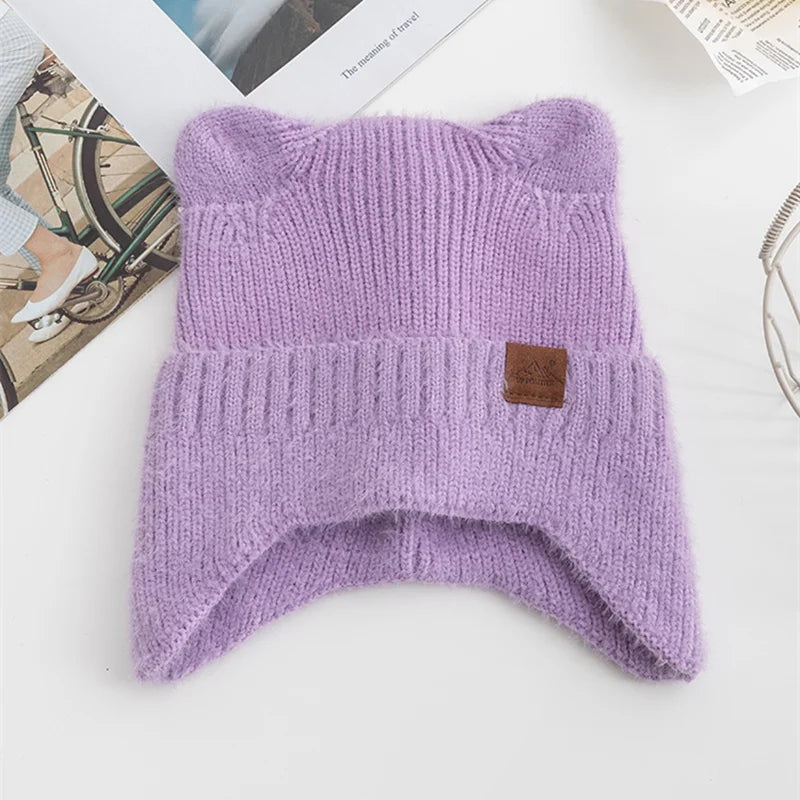 Kawaii Cat Ear Beanie 🐾✨ | Soft Candy Color Knitted Hat for Women - Cozy Faux Fur Winter Fashion 🎀