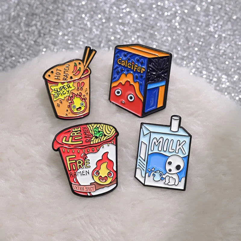 Kawaii Fire Demon Ramen Enamel Pins 🍜✨ Custom Cartoon Brooches for Kids 🎒 Adorable Anime Jewelry Gift