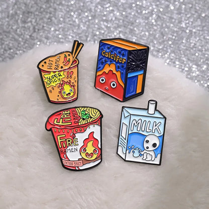 Kawaii Fire Demon Ramen Enamel Pins 🍜✨ Custom Cartoon Brooches for Kids 🎒 Adorable Anime Jewelry Gift
