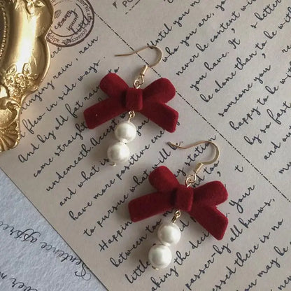 Charming Wine Red Bow Pearl Tassel Earrings 🎀🌟 | Kawaii 2024 Bridal Jewelry ✨