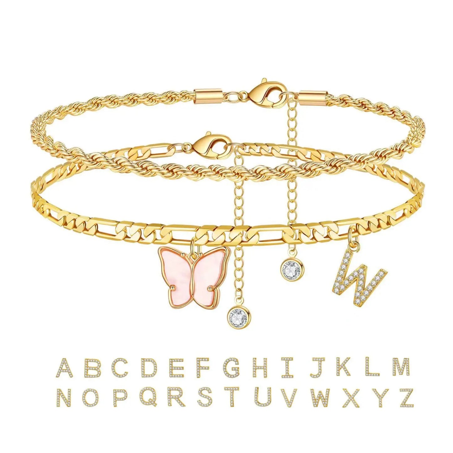 Kawaii 2Pcs Stainless Steel Initial Anklet Set 🌼✨ | 26 Letter Acrylic Butterfly Charm Foot Jewelry 🦋💖