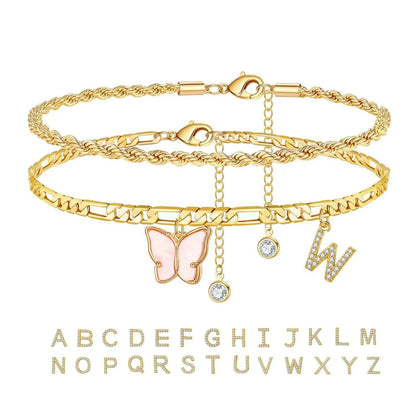 Kawaii 2Pcs Stainless Steel Initial Anklet Set 🌼✨ | 26 Letter Acrylic Butterfly Charm Foot Jewelry 🦋💖