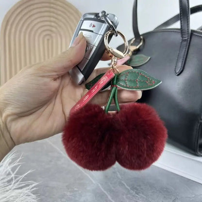 Cute Cherry Fluffy Rabbit Fur Ball Keychain 🍒✨ Kawaii Pompom Accessory for Bags & Keys! 🐇💕