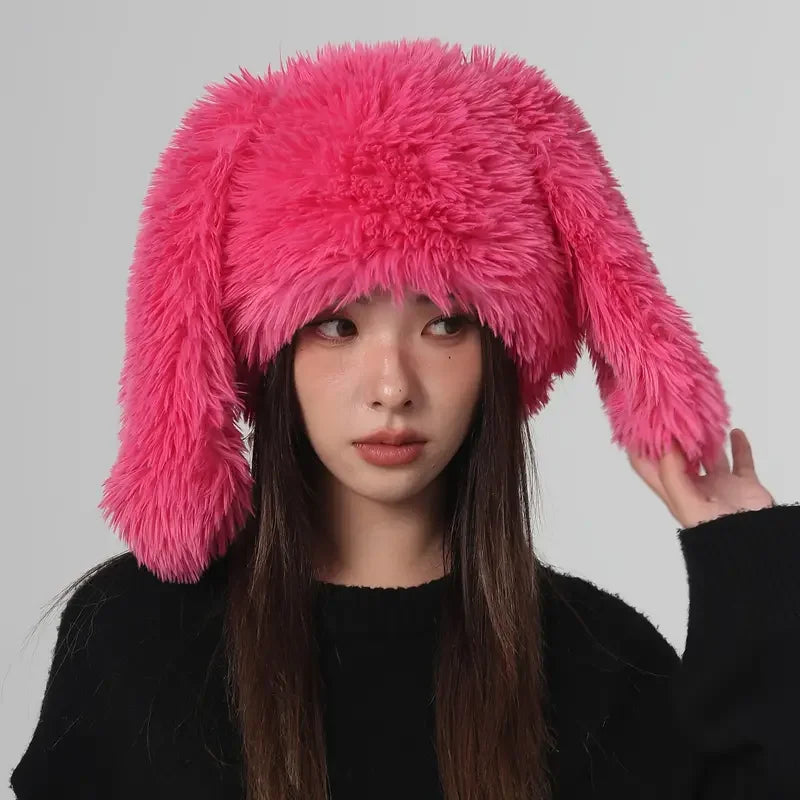 Kawaii Bunny Ears Plush Hat 🐰✨ | Cozy Faux Fur Skull Cap for Women - Perfect for Parties & Daily Wear!