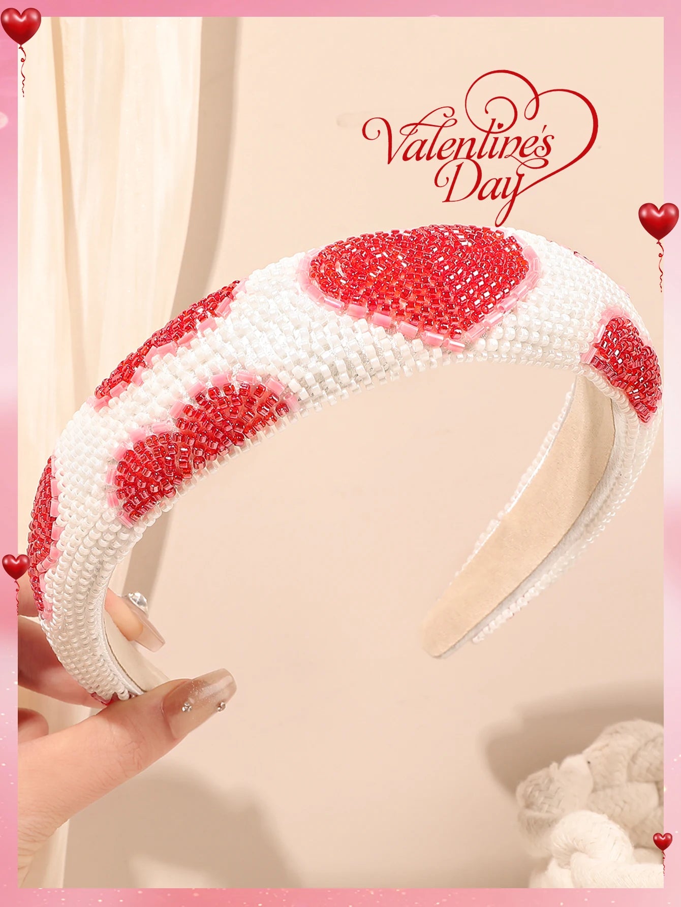 Cute Kawaii Heart Headband 🌟💕 | Bling Crystal Beaded Hairband for Valentine's Day 🎀 | Adorable Women's Hair Accessories