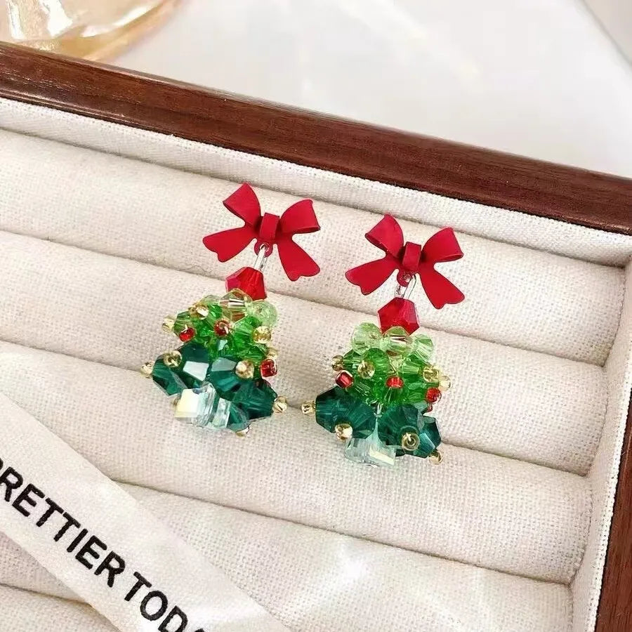 Crystal Beaded Christmas Tree Earrings With Red Bow 🎄 Elegant Holiday Jewelry