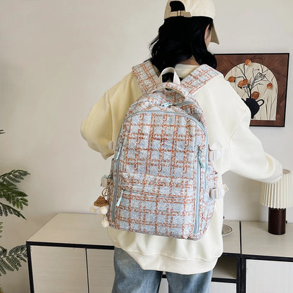 Women Kawaii Strawberry Pattern Backpacks with Pendant Corduroy School Knapsack Multi-pockets Students Daily Schoolbags Mochilas - Pixie Quill