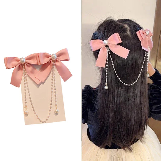 Kawaii Pearl Bow & Tassel Hair Clips 🎀✨ Cute Velvet Hair Claw for Little Princesses 👸🌟 Adorable Fashion Accessories!