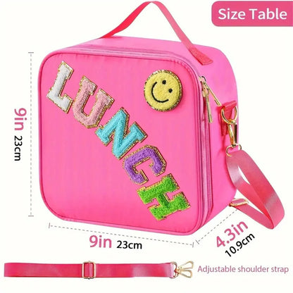 Kawaii Chenille Patch Insulated Lunch Bag 🎒✨ | Adjustable Strap Nylon Lunch Box for School & Picnics 🌈🥪