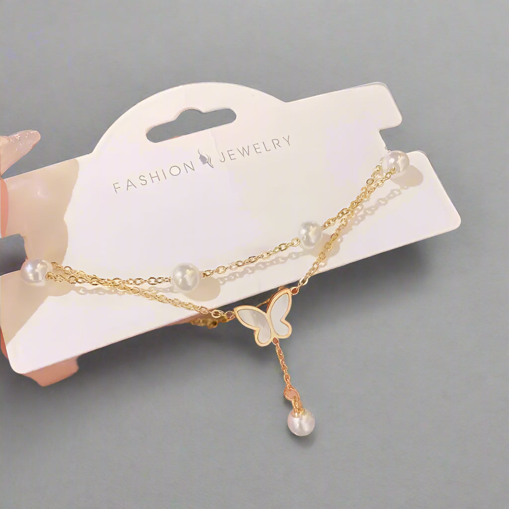 Kawaii Charm Anklet 🌸✨ - 2-Layer Pearl & Butterfly Shells, Trendy Beach Jewelry for Stylish Ladies 🦋💖