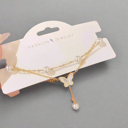 Kawaii Charm Anklet 🌸✨ - 2-Layer Pearl & Butterfly Shells, Trendy Beach Jewelry for Stylish Ladies 🦋💖