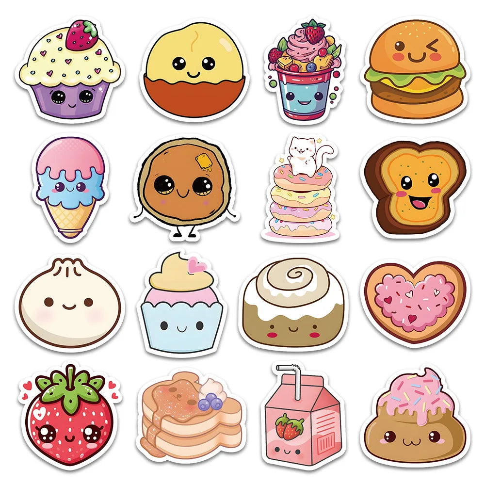 Kawaii Dessert MeMe Stickers 🍰✨ - 10/30/60PCS Cute Food Cartoons for DIY Diaries, Laptops, Phones & More! 🎨🛹