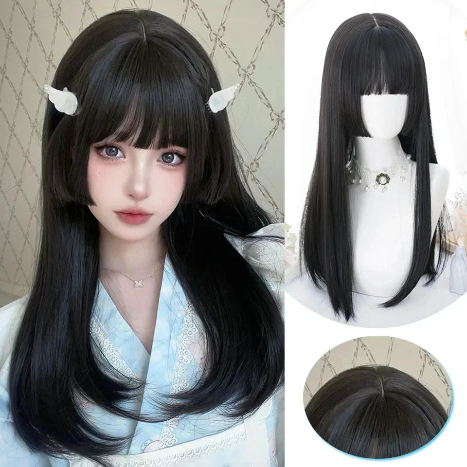 Enchanting Ombre Kawaii Wig 🌈✨ - Long Straight Lolita Style with Bangs in Glacier Blue & Blonde!