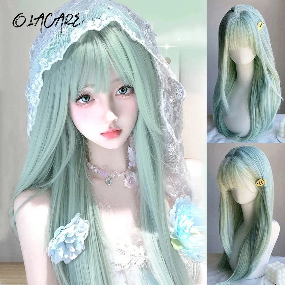 Enchanting Ombre Kawaii Wig 🌈✨ - Long Straight Lolita Style with Bangs in Glacier Blue & Blonde!