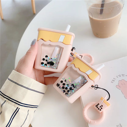 Kawaii Quicksand Glitter Bubble Milk Tea AirPods Pro Case 🌟🍵 | Cute 3D Silicone Cover for Wireless Earphones 🎧✨