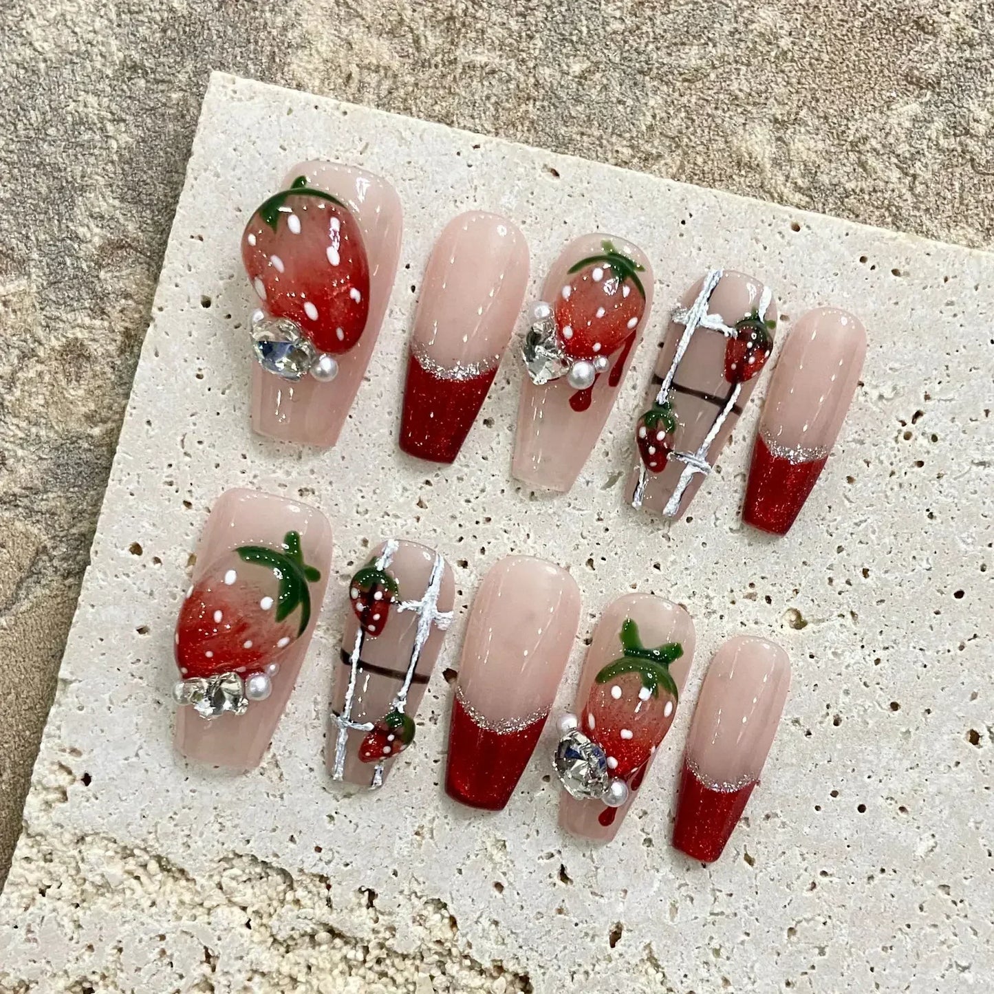 Kawaii 3D Press-On Nails Set 💖✨ - 10Pcs with Love Hearts, Moon, Butterfly & Rhinestones 🌙🦋 - Perfect for Nail Art Lovers!