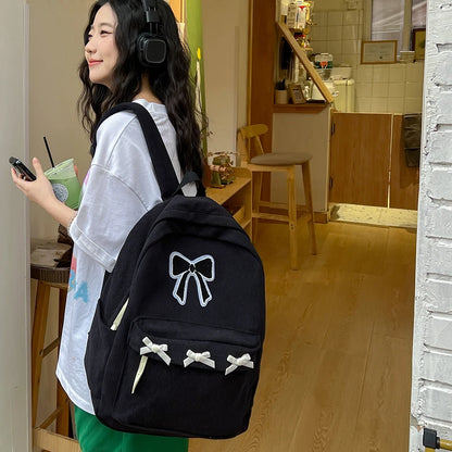 Charming Bowknot Corduroy Backpack 🎀✨ Cute Daypack for School & Travel 🦋🎒