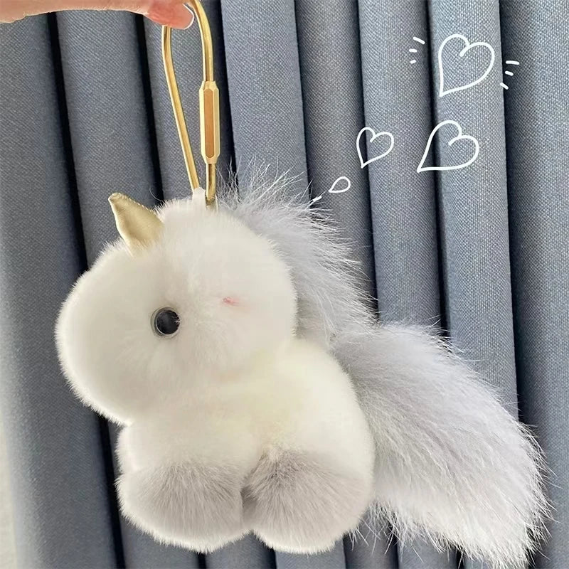 Kawaii Fluffy Unicorn Keychain Charm 🦄✨ Real Rabbit Fur Backpack Clip & Handbag Accessory for Girls & Women