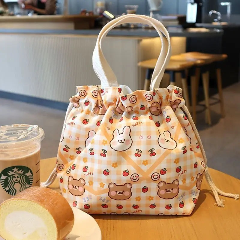Kawaii Canvas Lunch Bag 🌸🌼 Cute Cartoon Flowers & Animals 🌈 Perfect for School & Picnics 🎒✨