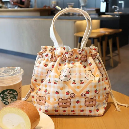 Kawaii Canvas Lunch Bag 🌸🌼 Cute Cartoon Flowers & Animals 🌈 Perfect for School & Picnics 🎒✨
