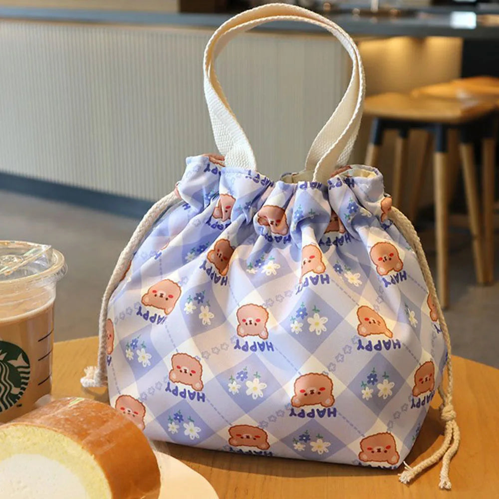 Kawaii Canvas Lunch Bag 🌸🌼 Cute Cartoon Flowers & Animals 🌈 Perfect for School & Picnics 🎒✨