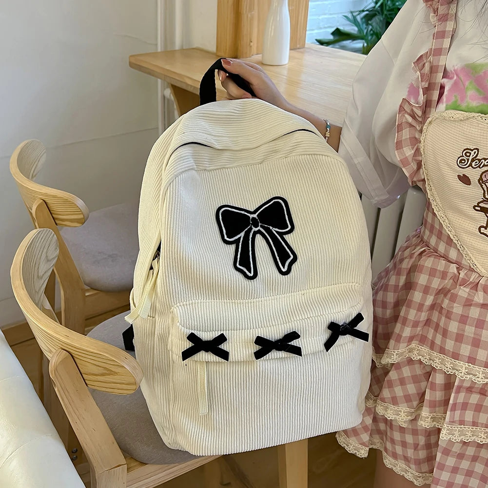 Charming Bowknot Corduroy Backpack 🎀✨ Cute Daypack for School & Travel 🦋🎒