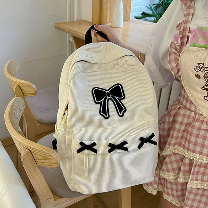 Charming Bowknot Corduroy Backpack 🎀✨ Cute Daypack for School & Travel 🦋🎒