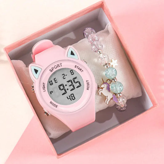 Kawaii Cat Ear Silicone Watch & Unicorn Bracelet Set 🐾✨ | Multi-Functional Fun for Kids! 🌈💖