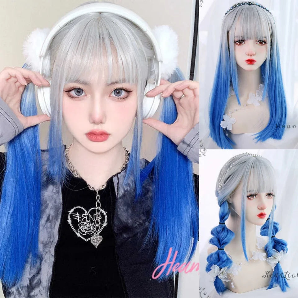 Enchanting Ombre Kawaii Wig 🌈✨ - Long Straight Lolita Style with Bangs in Glacier Blue & Blonde!