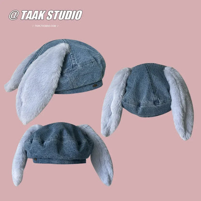 Denim Bunny Ear Beret For Women Winter Hat Cute Casual Cartoon Newsboy Style 🐰