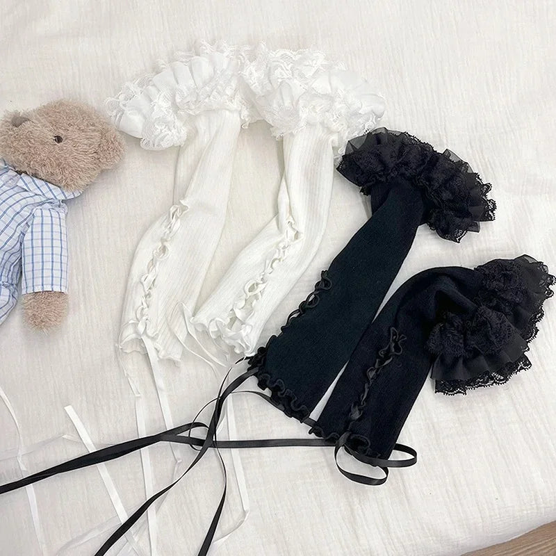 Pastel Y2K Lolita Lace Arm Warmers Fingerless Gloves Elbow Length Style 😊✨