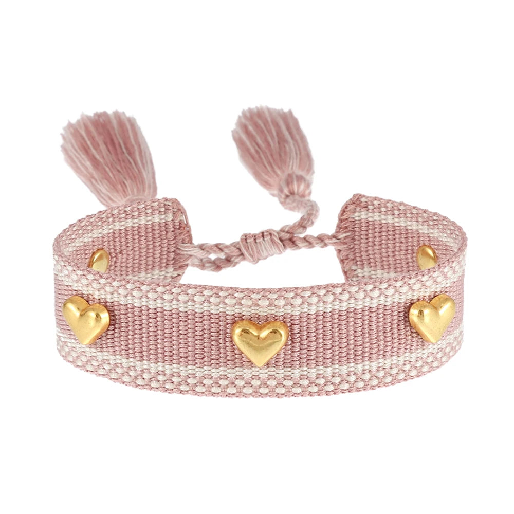 Kawaii Heart Studded Woven Bracelet 🌈✨ | Vintage Tassel Charm for Trendy Arm Stacking 💖