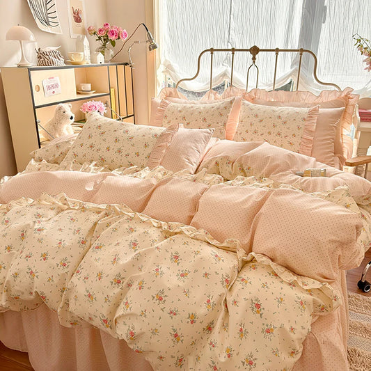 Kawaii 3-Piece Cotton Duvet Cover Set 🌸✨ (Duvet Cover + 2 Pillowcases) - Soft Floral Bedding with Korean Lace 🛏️💖