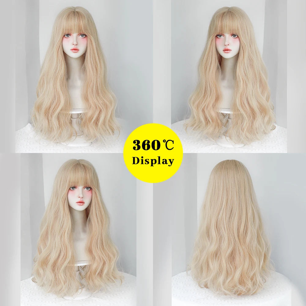 Kawaii Blonde Cosplay Wig 🎀✨ | Wavy Synthetic Hair with Bangs for Daily & Party Looks 💖