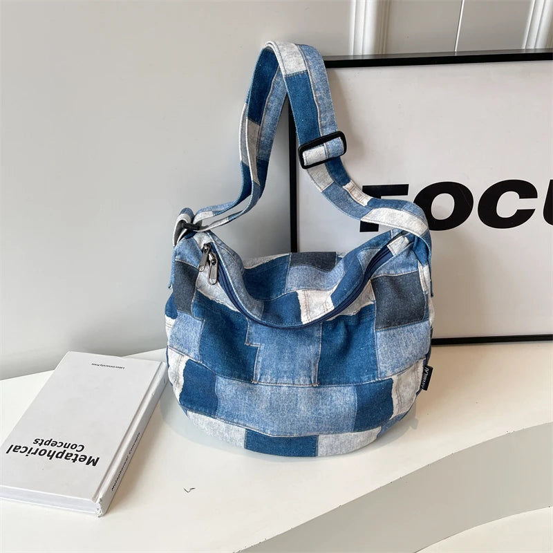 Kawaii Denim Dream 🎀✨ - Patchwork Shoulder Bag for Trendy Girls, Versatile Messenger Hobo Style! 👜💖
