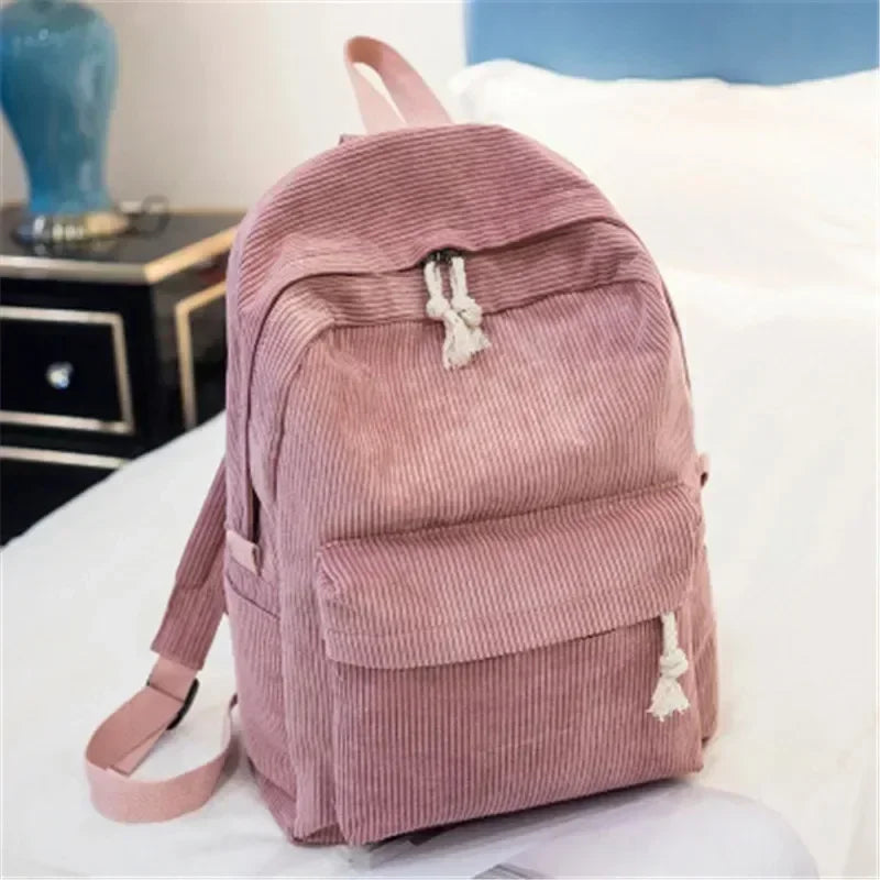 Soft Corduroy Women Backpack Female Travel Backpack Teenage Girls Striped School Backpack Large Capacity Book Bag - Pixie Quill
