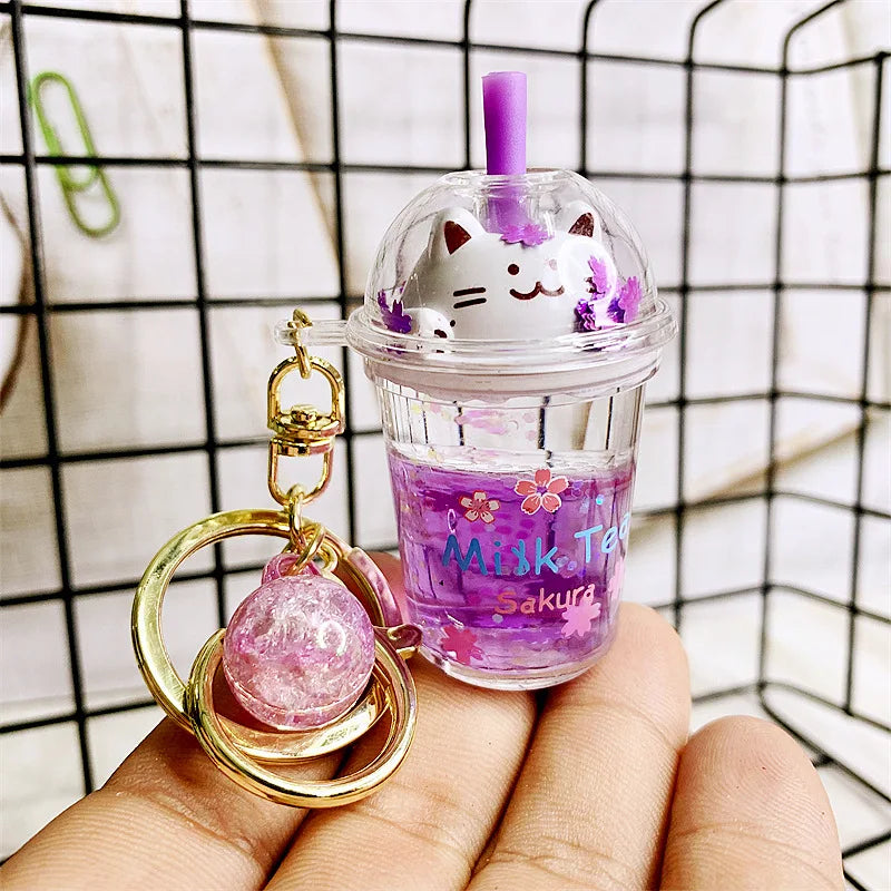 🌸 Cute Cat Milk Tea Keychain 🐱✨ Adorable Sakura Car Pendant Gift! - Pixie Quill