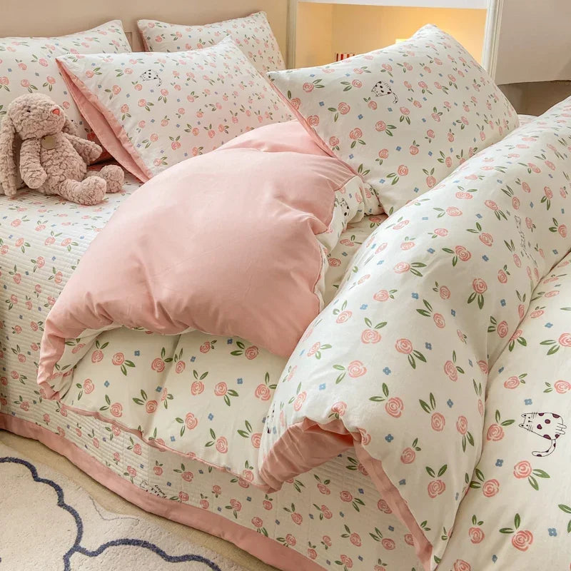 Cute Cat & Floral Duvet Cover Set 🌸🐱 | Adorable Bedding for Girls & Kids!