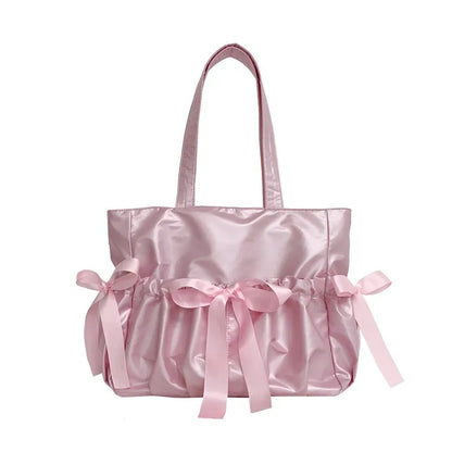 Kawaii Ribbon Bow Tote Bag 🌸✨ Sweet Forest Style | Large Capacity Double-Sided Handbag for Students 🎒💖