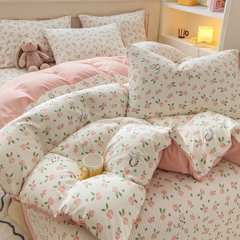 Cute Cat & Floral Duvet Cover Set 🌸🐱 | Adorable Bedding for Girls & Kids!