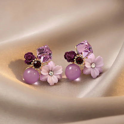 Kawaii Purple Flower Crystal Stud Earrings 🌸✨ | Adorable Korean Fashion Jewelry for Elegant Weddings & Parties! 💖