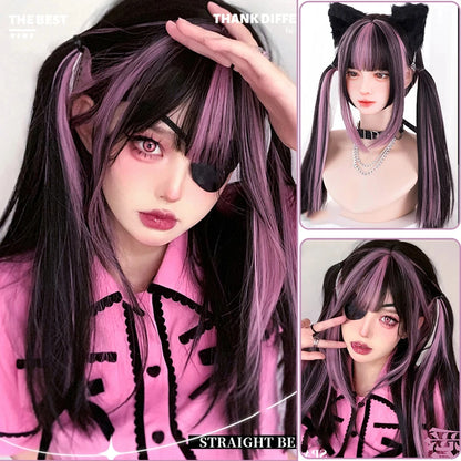 Kawaii Long Black & Red Wavy Wig 💖✨ - Cosplay & Daily Use with Bangs 🎀 | Harajuku Style!