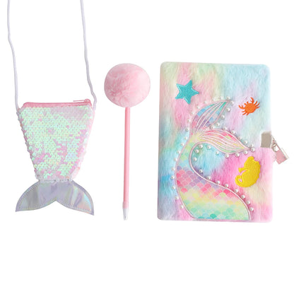 Kawaii Mermaid Plush Stationery Set 🧜‍♀️✨ - Fishtail Notebook, Cute Ballpoint Pen & Crossbody Bag for School & Office Supplies! 🌟📚🎒