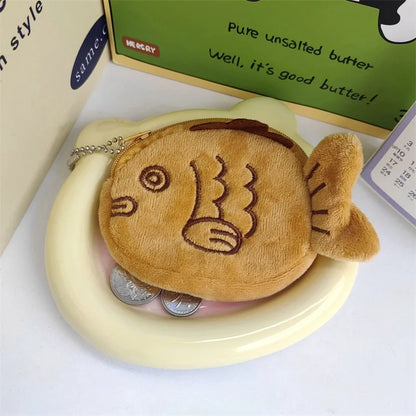 Kawaii Taiyaki Plush Pencil Case 🐟✨ - Adorable Lipstick & Key Zipper Storage Bag for Kids 🎀🎧