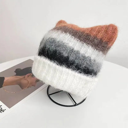 Kawaii Cat Ear Winter Beanie 🐾✨ Cozy Rainbow Knit for Women