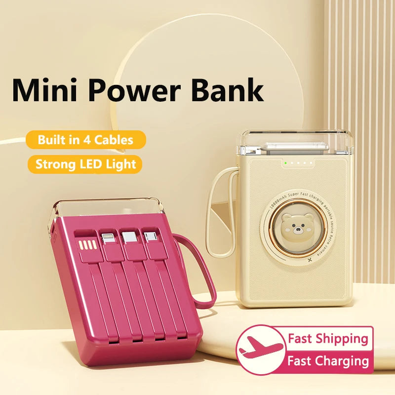 Kawaii 20000mAh Mini Power Bank 🐾✨ Cute Pet Cartoon Design with 4 Built-in Cables & LED Light!