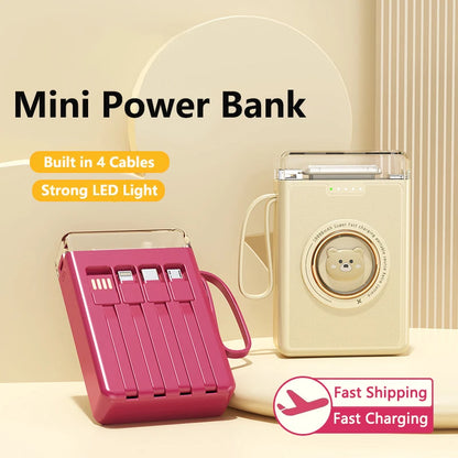 Kawaii 20000mAh Mini Power Bank 🐾✨ Cute Pet Cartoon Design with 4 Built-in Cables & LED Light!