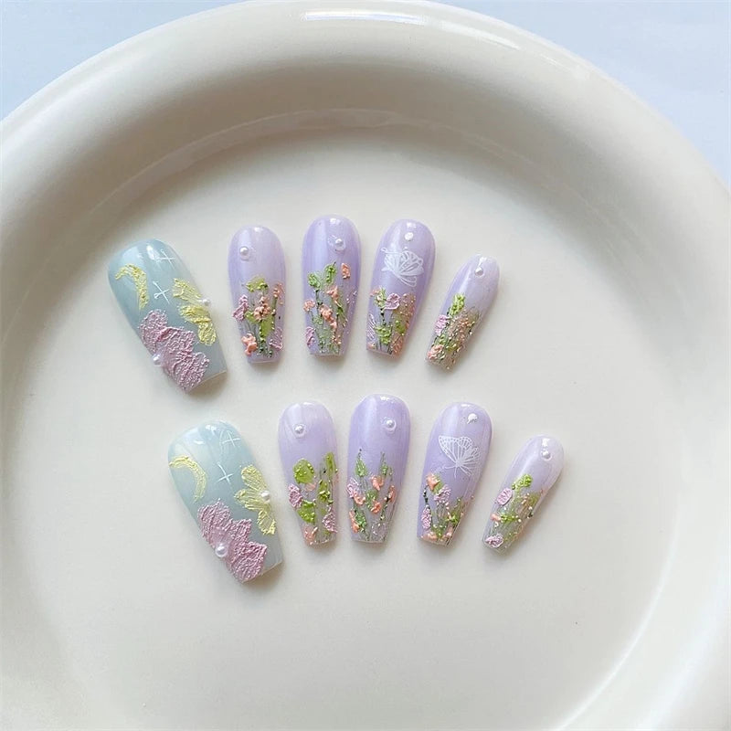 Kawaii Butterfly & Flower Press-On Nails 🌸🐝 | Handmade Reusable Adhesive Fake Nail Art for Women 💅✨