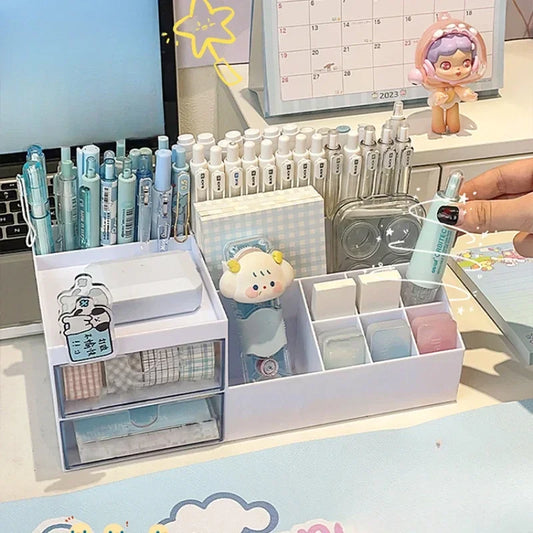Kawaii Nine-Grid Pen Organizer 🌟 Cute Desk Storage Box for Students ✏️🎀